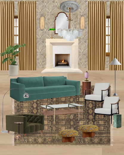Art Deco Warm Dramatic Living Room Design Board