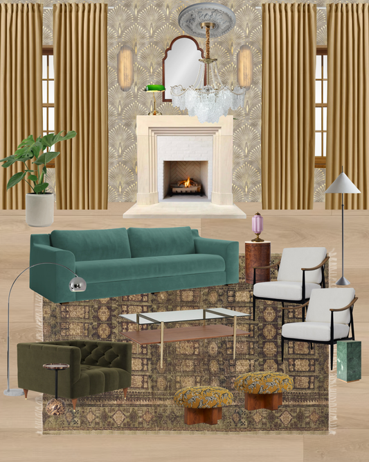 Art Deco Warm Dramatic Living Room Design Board