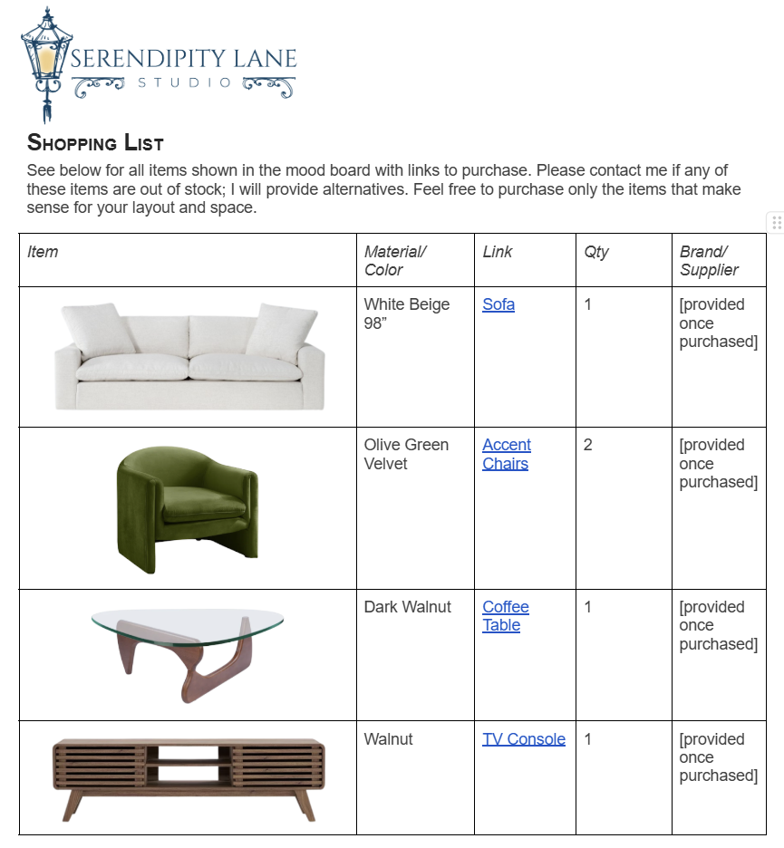 Contemporary Airy Elevated Living Room Design Board