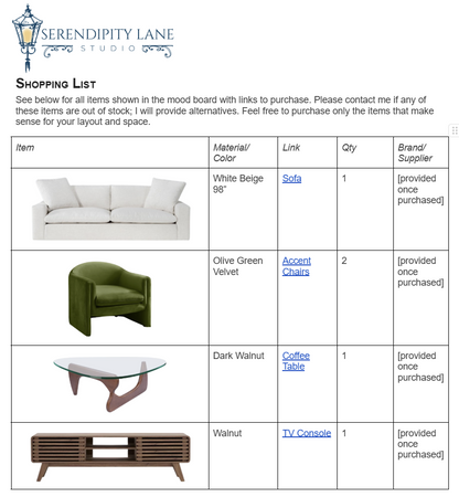 Contemporary Airy Elevated Living Room Design Board