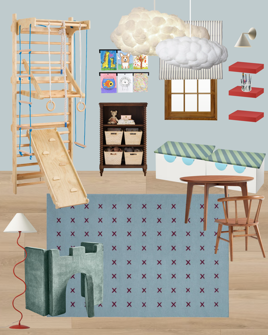 Modern Whimsical Blue Playroom Design Board