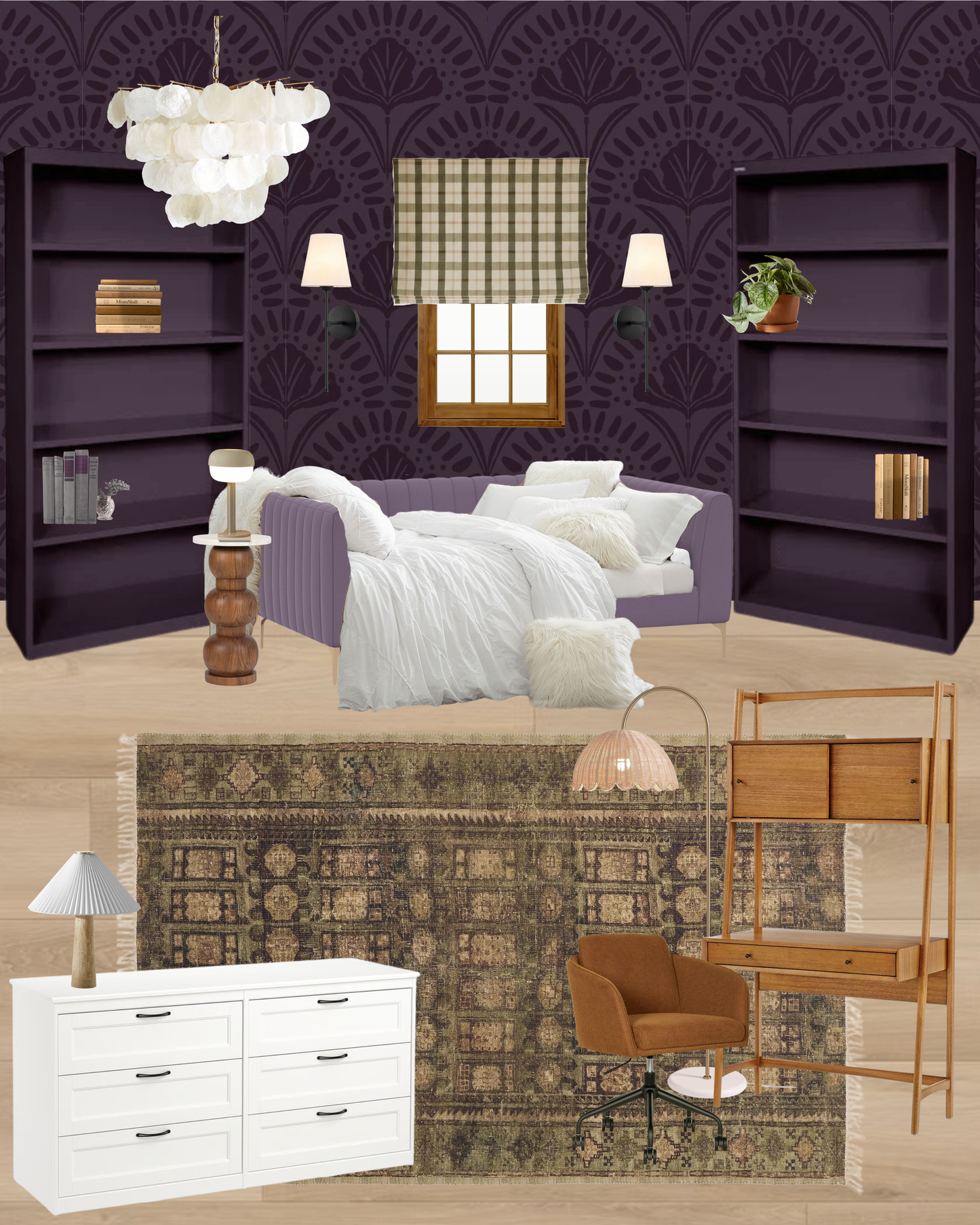 Romantic Cozy Aubergine Teenage Bedroom Design Board