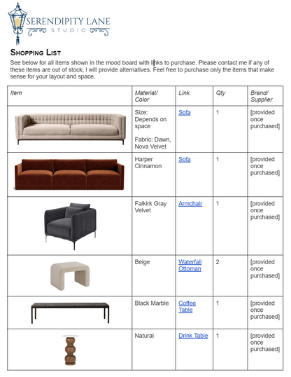 Warm Modern Luxe Living Room Design Board